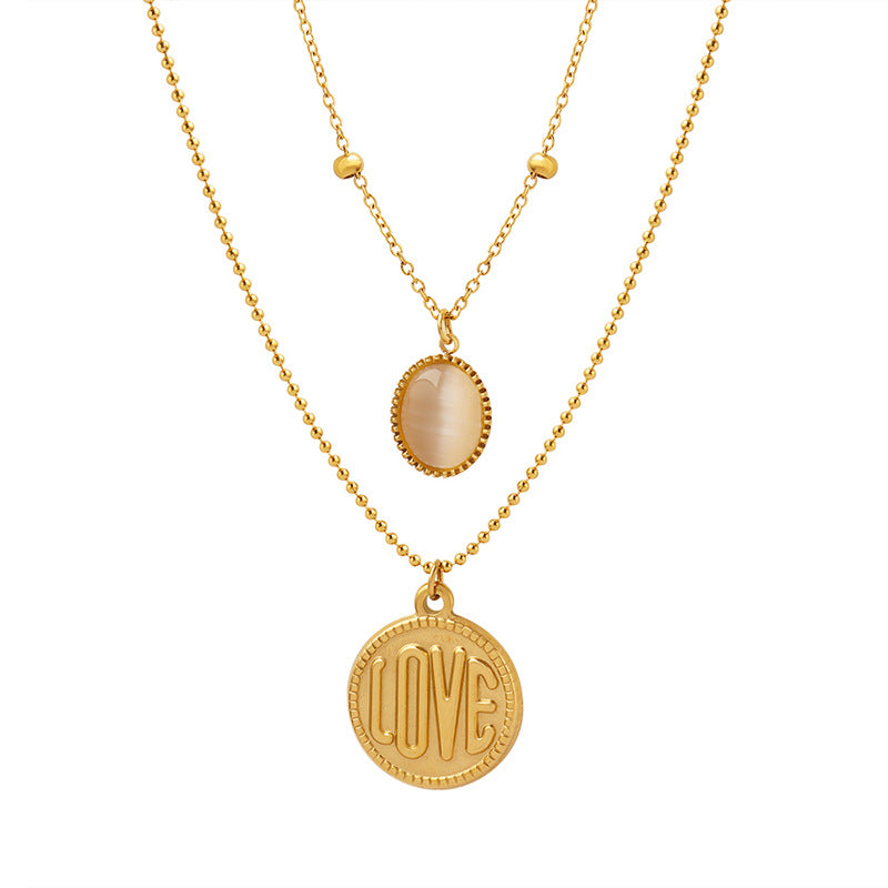 Plaque ronde classique simple LOVE en or 18 carats avec collier double couche opale