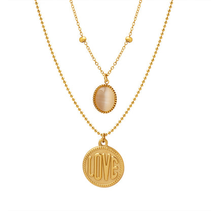 Plaque ronde classique simple LOVE en or 18 carats avec collier double couche opale