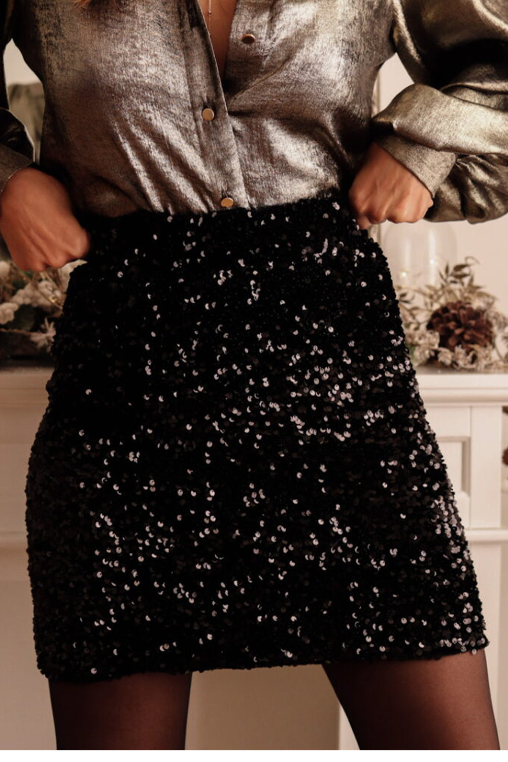 Mini-jupe taille haute noire à paillettes