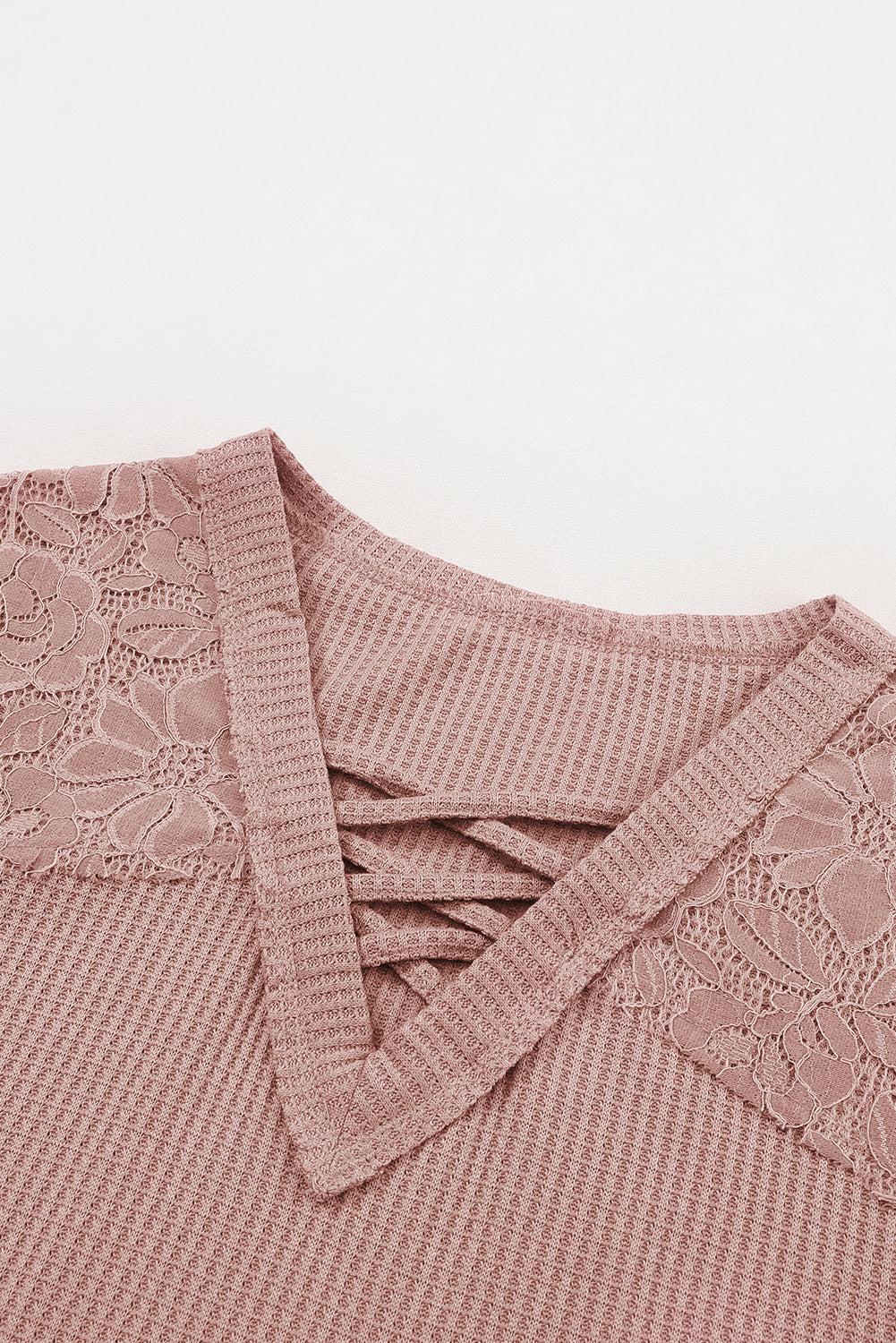 Apricot Lace Waffle Patchwork Strappy V Neck Long Sleeve Top