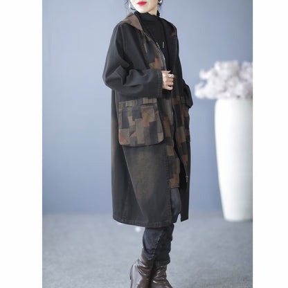 Women's Casual Retro Loose Hooded Camouflage Stitching Coat