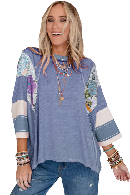 Sky Blue Striped and Floral Patchwork Oversized Top