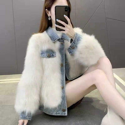 Denim Stitching Fur Coat For Women Autumn And Winter