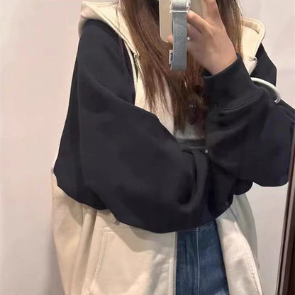 Navy Blue Beige Raglan Sleeve Multicolor Hoodie Coat