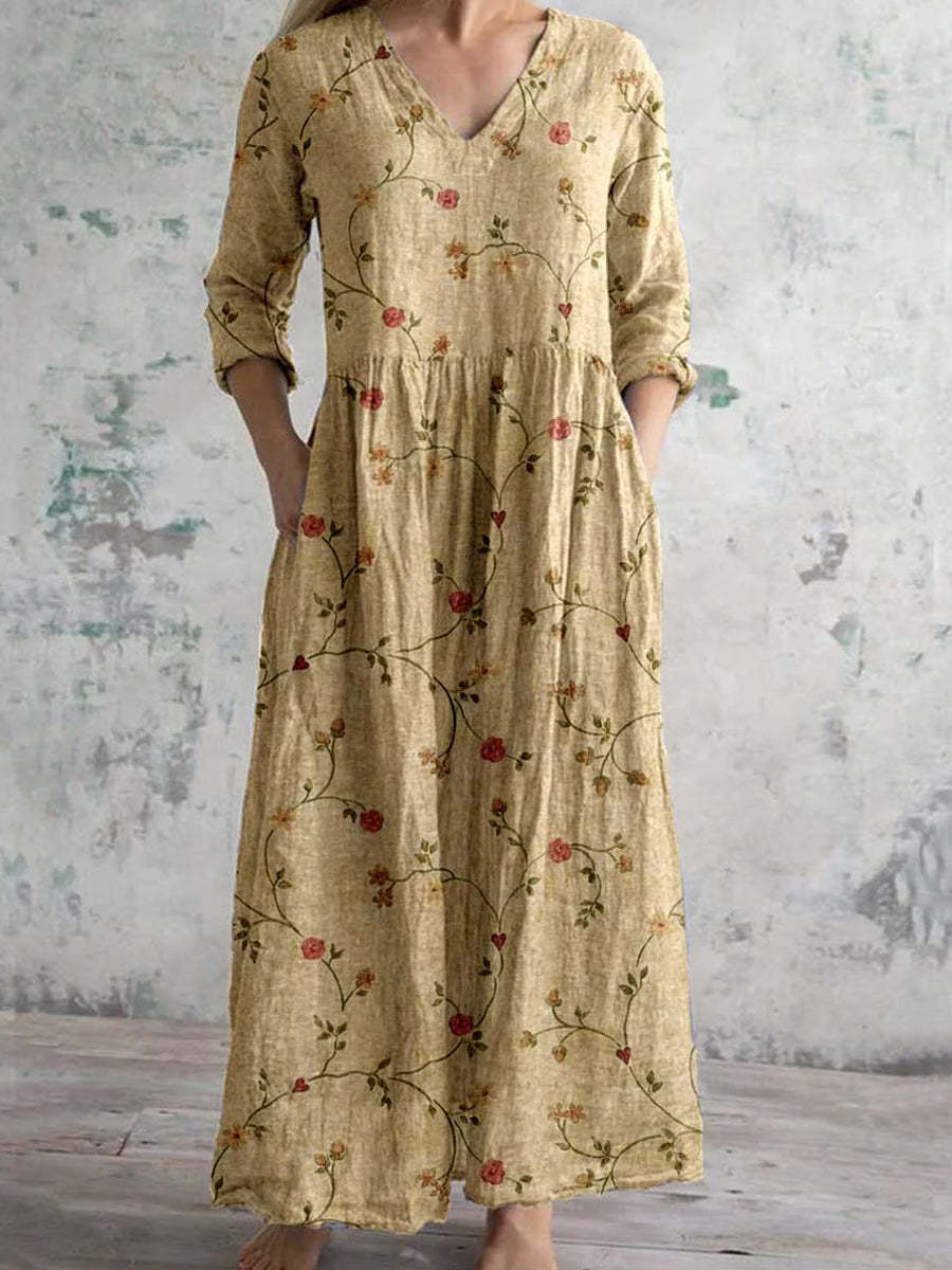 Casual Women's Floral Printed V-neck Mid-length Dress