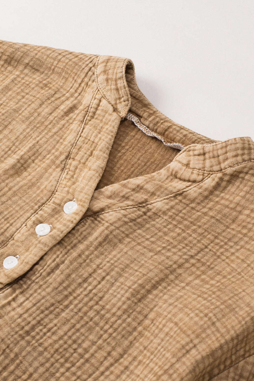 Brown Loose Crinkle Button V Neck Henley Top