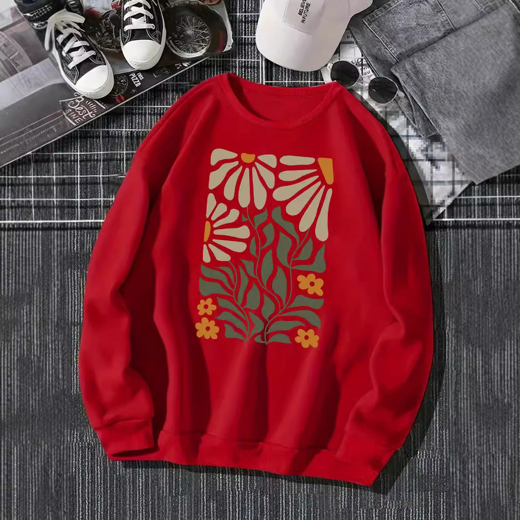 Pull à manches longues et col rond avec imprimé fleurs et plantes pour femme