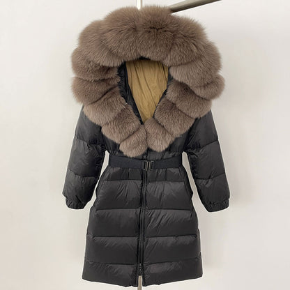 Manteau long à capuche et col en fourrure de renard véritable pour femme