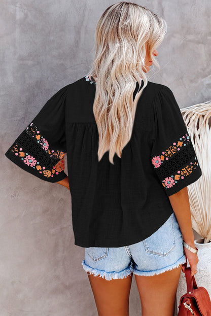 Black Boho Tassel Drawstring Cut Out Embroidered Blouse