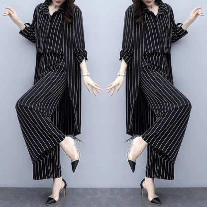 Plus Size Women's Loose Black Striped Cardigan Two-piece Set