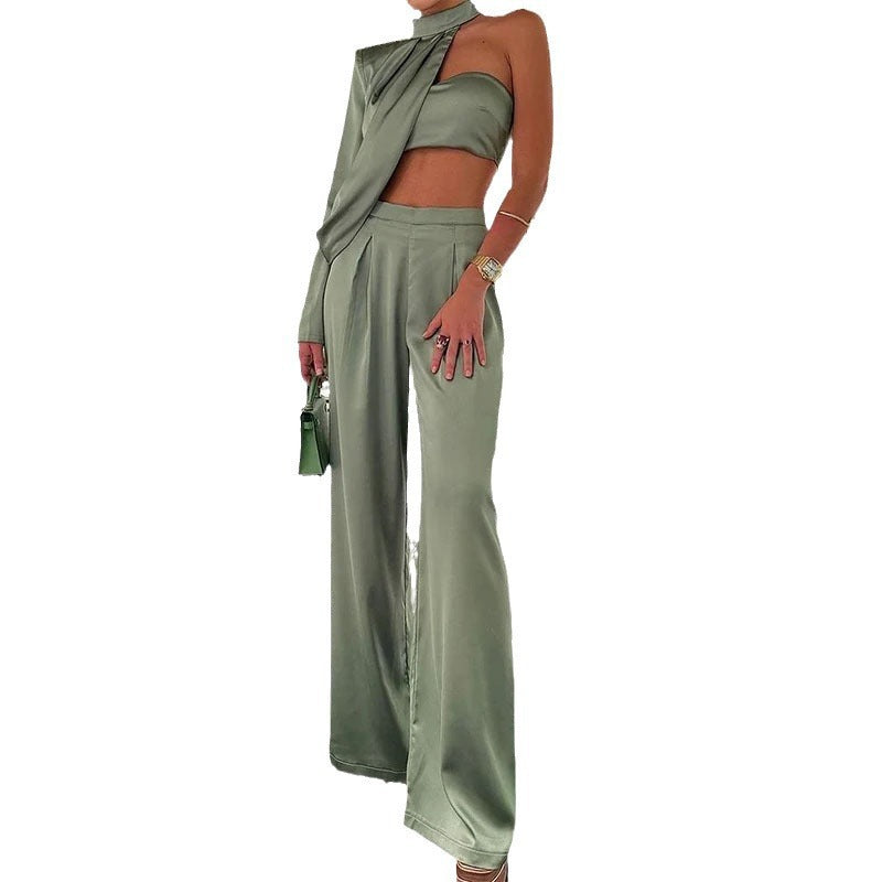 Summer New Halter Slant Shoulder Tube Top Sexy Wide Leg Pants Suit