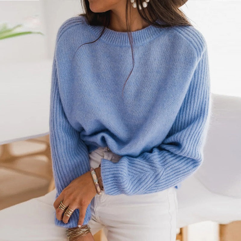 Pull en velours côtelé Bedford bleu lait européen pour femme, col rond, manches longues, tricot, vêtements décontractés pour femmes, haut en tricot à la mode, vêtements d'extérieur