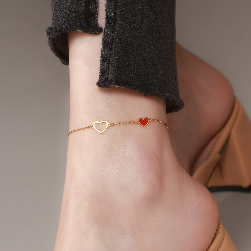 18k Gold Exquisite Light Luxury Red Heart Design Versatile Anklet