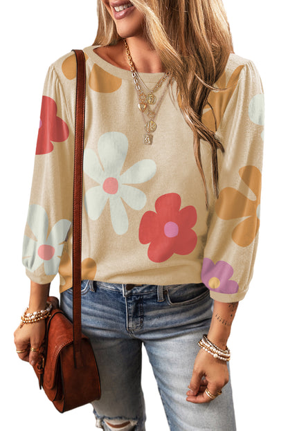 Rose Flower Print Ruched Bracelet Sleeve Top