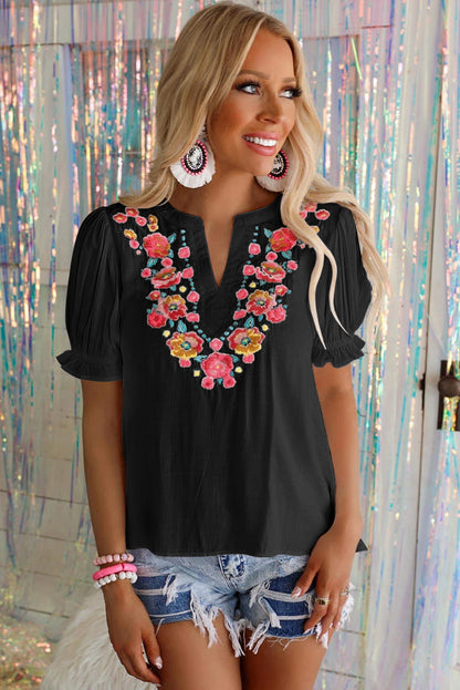 Blouse noire à manches bouffantes et à volants style Boho brodé de fleurs