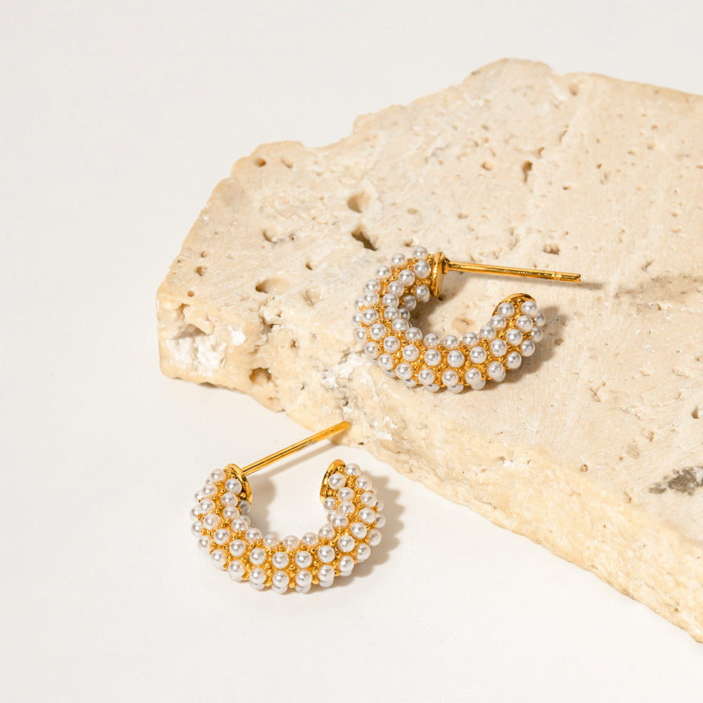 18k Gold Noble and Novelty C-Shaped Earrings Encrusted with Pearls