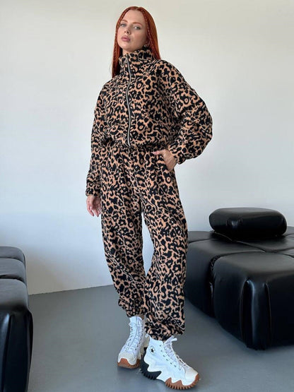 Women's Fashion Loose Leopard Print Zipper Sweater Suit