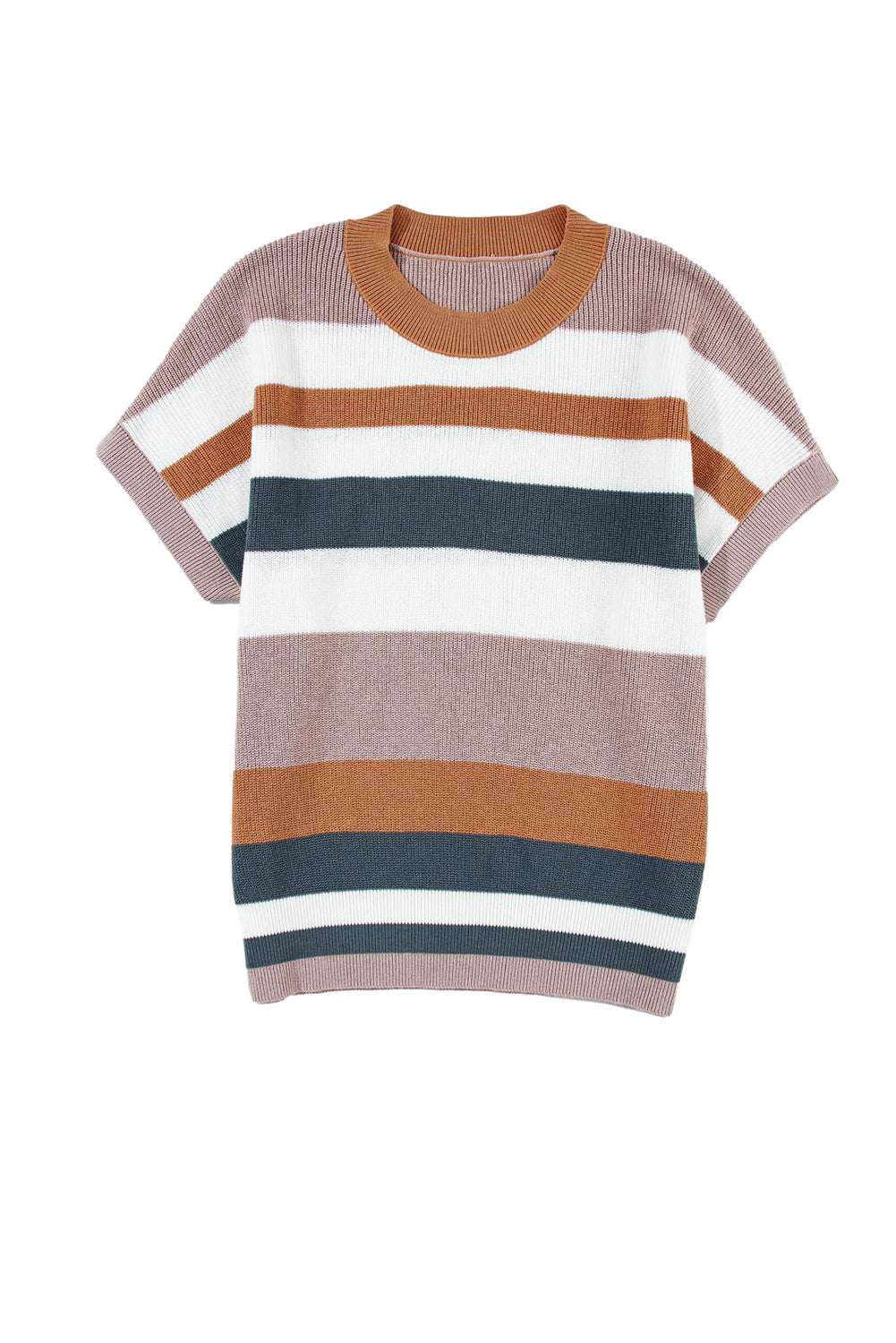 T-shirt à manches courtes en tricot color block rayé camel