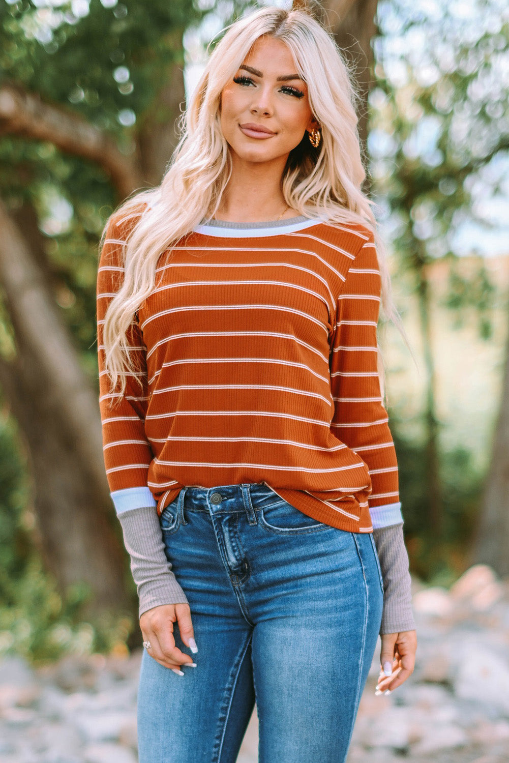 Dark Blue Striped Spliced Color Block Rib Knit Top