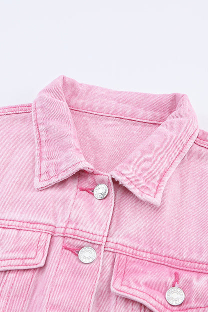 Pink Light Wash Flap Pockets Button Up Denim Jacket