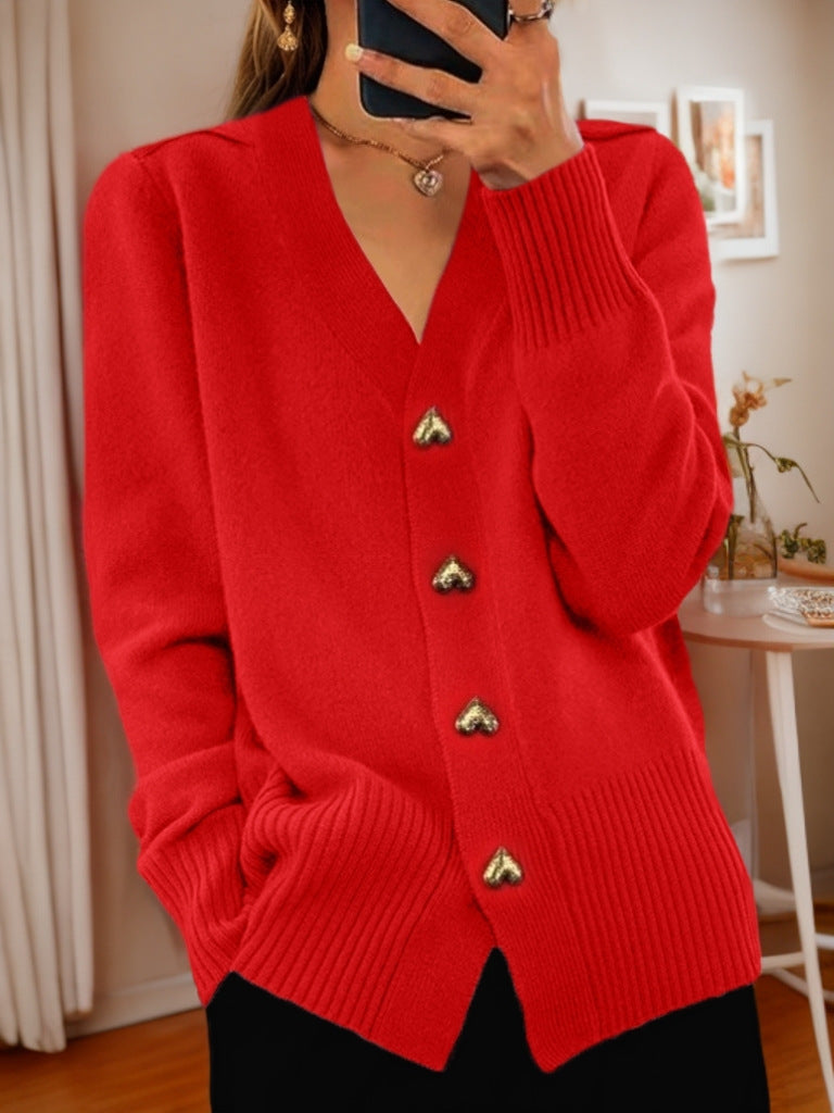 Autumn And Winter New Solid Color Long Sleeve V-neck Knitted Cardigan