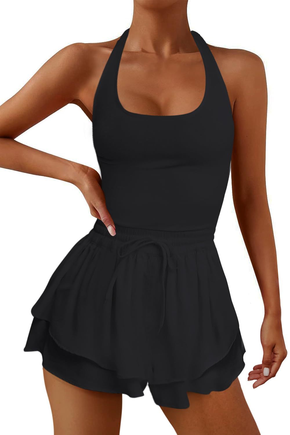 Black Cross Criss Back Drawstring Layered Short Rompers