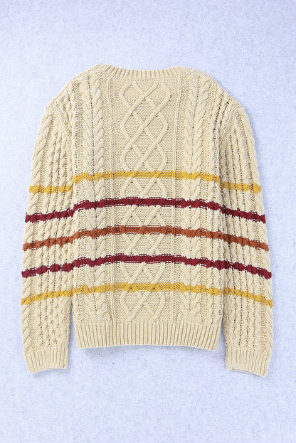 Khaki Striped Color Block Textured Knit Pullover Sweater