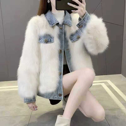 Denim Stitching Fur Coat For Women Autumn And Winter