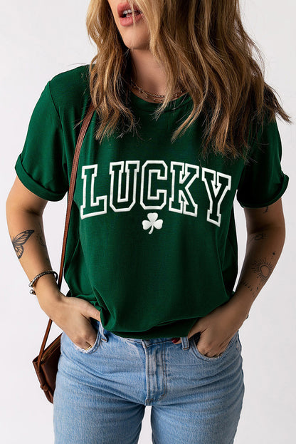 T-shirt décontracté vert LUCKY Clover Puff Graphic à col rond