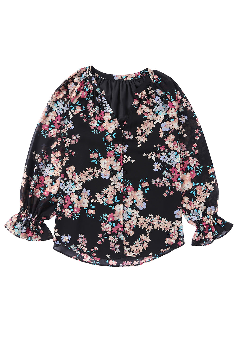 Black Wildflower Print Chiffon Blouse