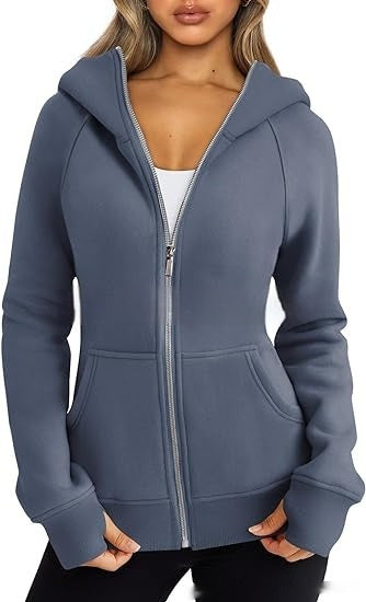 Women's Zipper Short Hood Fleece Lined Solid Color Hoodie Sweater