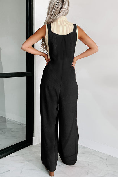 Black Textured Adjustable Straps Ruched Wide Leg Jumpsuit