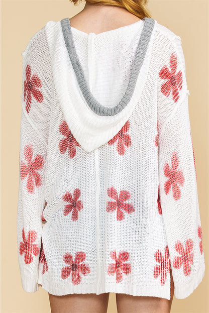 White Floral Print Oversized Knit Hooded Sweater