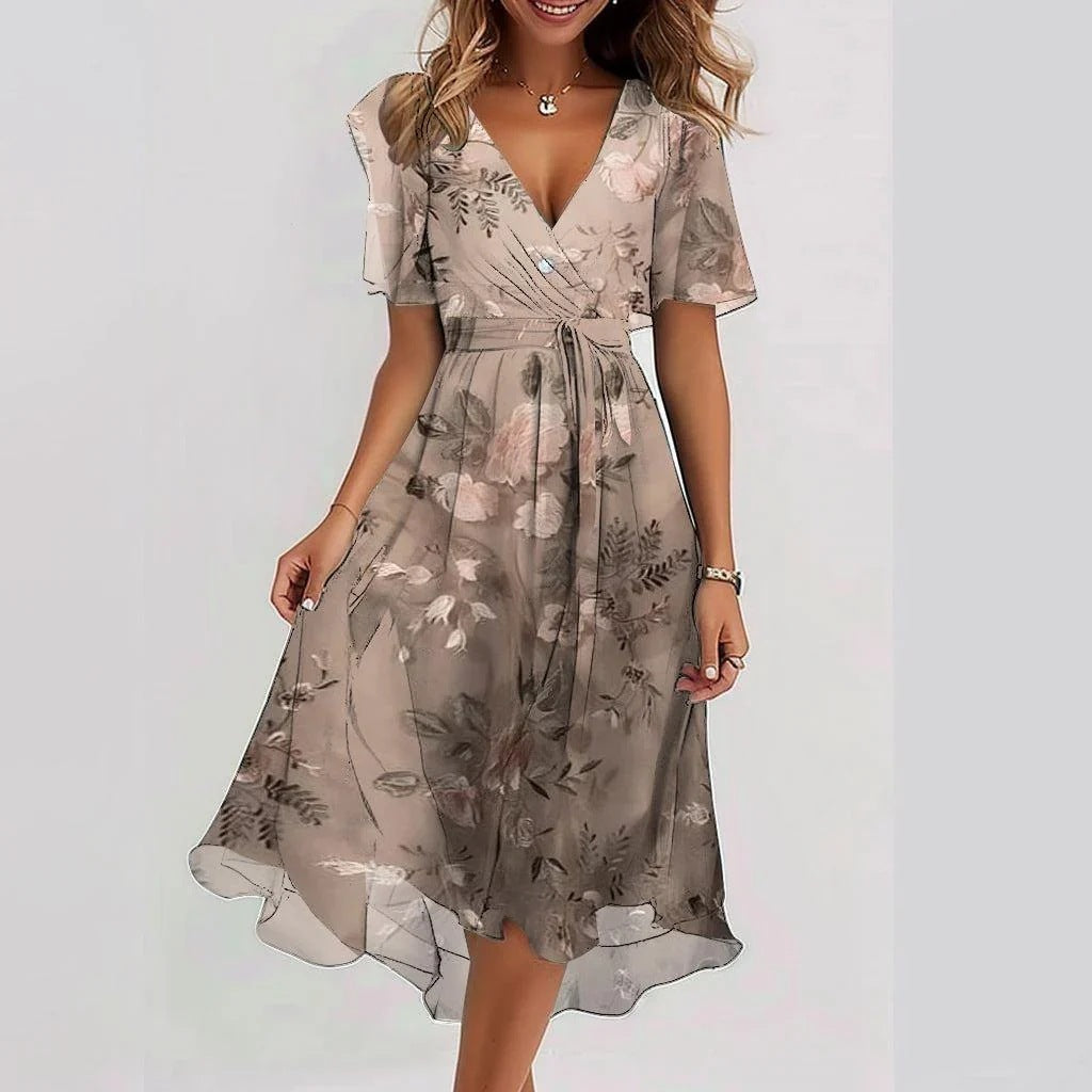 Elegantes, junges Chiffonkleid mit V-Ausschnitt und Print für Damen