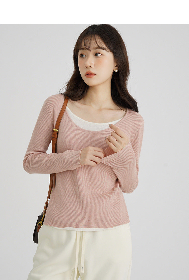 Women's Fake Two-piece Wool Sweater Top Slim Fit