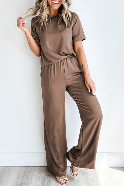 Black Solid Color T-Shirt and Wide Leg Pants Set