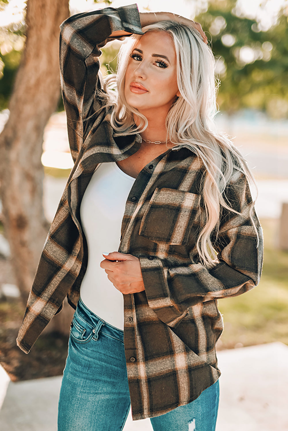 Brown Drop Shoulder Plaid Casual Shirt