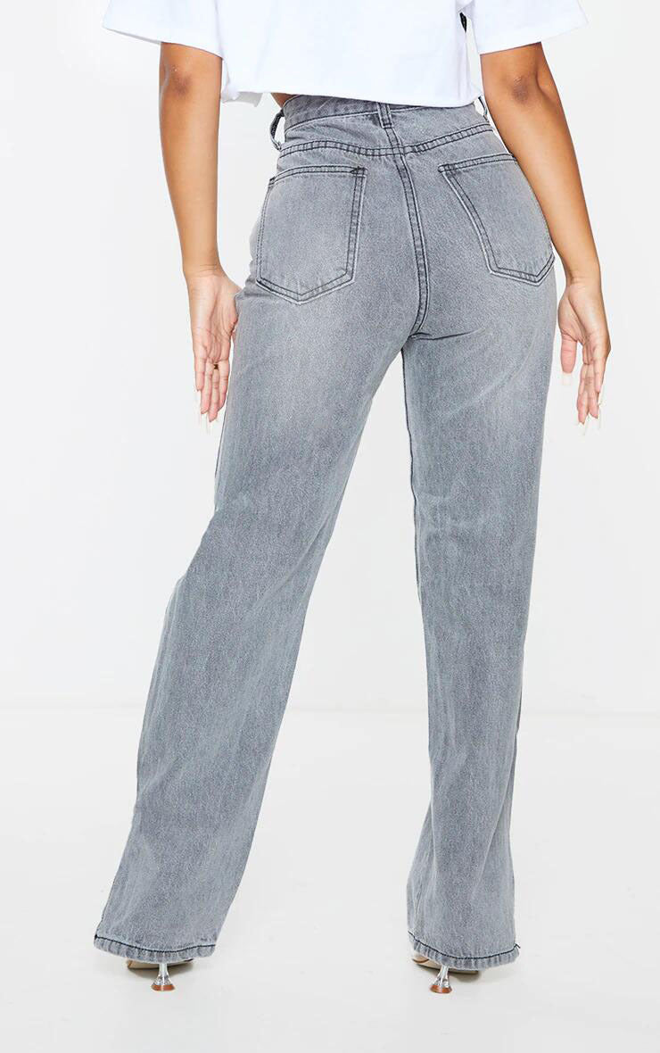 Vêtements femme taille haute gris sable pantalon en Denim à jambe droite pantalon de vadrouille ourlet déchiré fente pantalon micro-évasé lisse