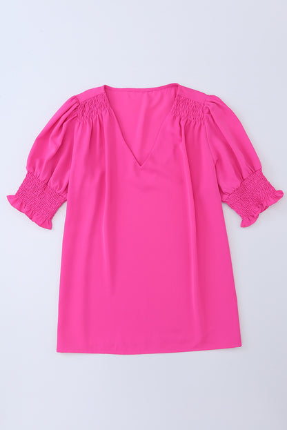 Rose Solid V Neck Smocked Puff Sleeve Blouse