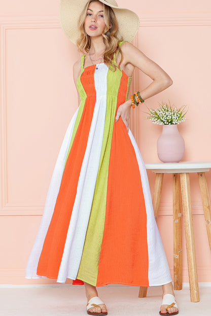 Green Color Block Shirred High Waist Pleated Maxi Dress