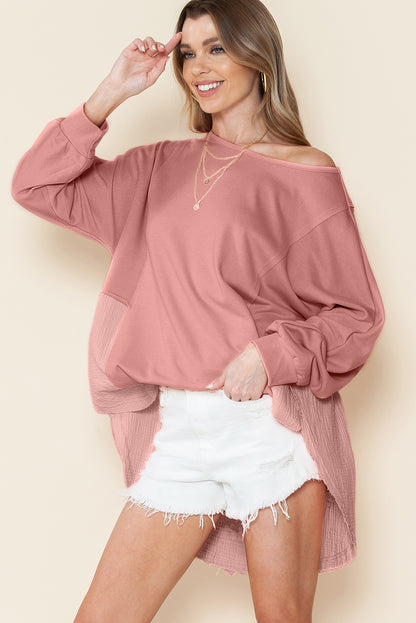 Khaki Crinkled Patchwork Raw Hem Oversized Blouse