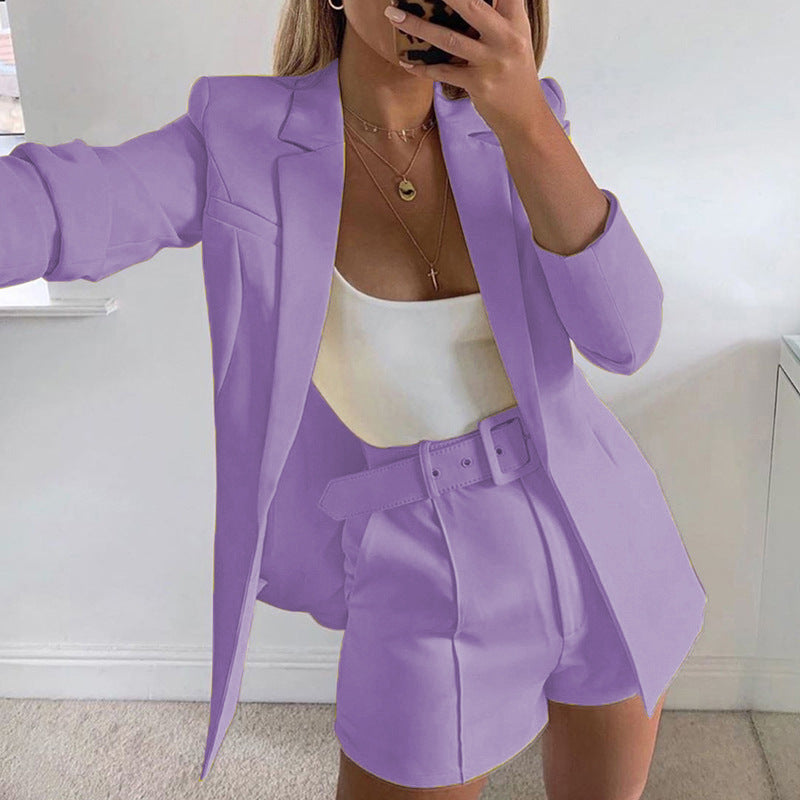 Costume couleur unie Blazer col manteau short droit tempérament femme