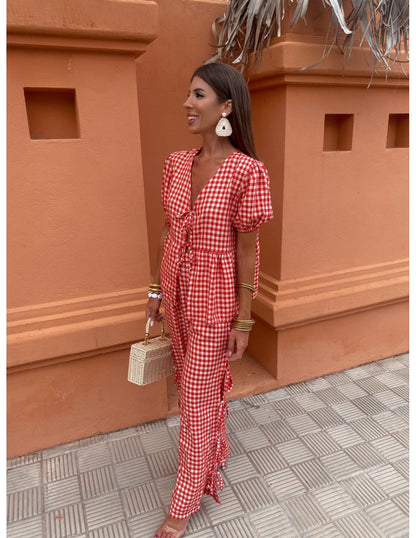 Costume à carreaux noué à lacets et col en V pour femme