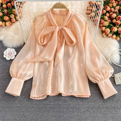 Super Fairy Loose Belly-covering Bow Lace-up French Plus Size Shirt Long Sleeve Elegant Top For Women