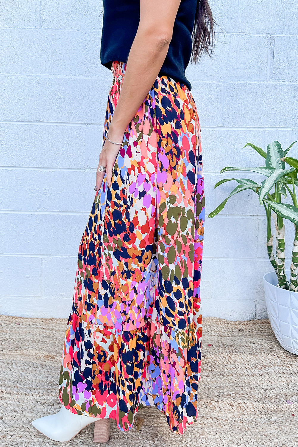 White Abstract Print Ruffled High Waist Maxi Skirt