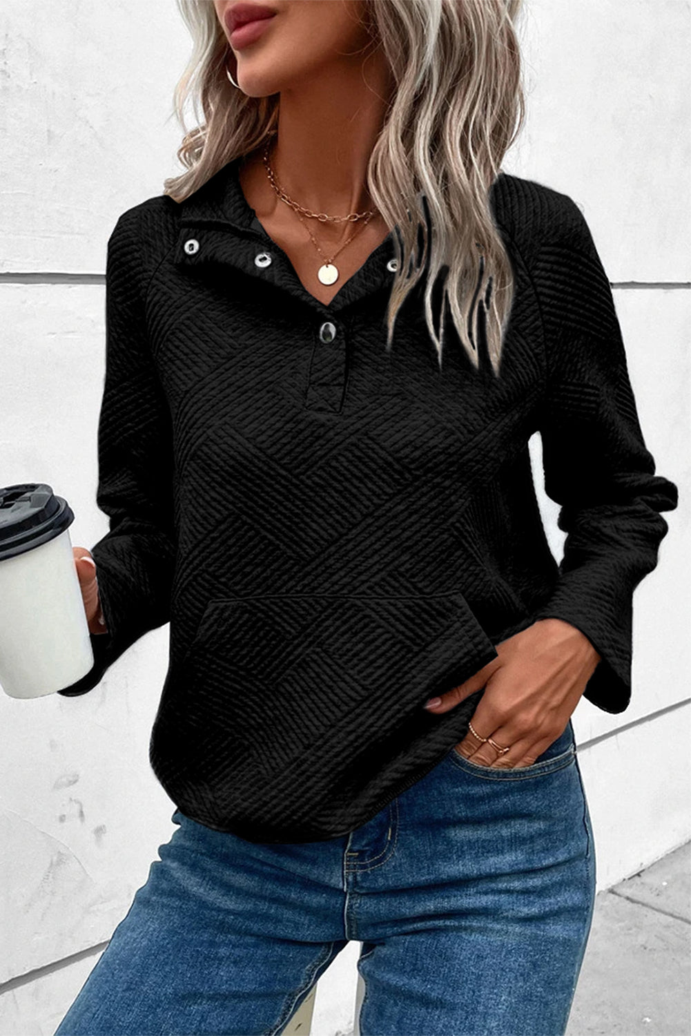 Black Textured Kangaroo Pocket Henley Collared Sweatshirt