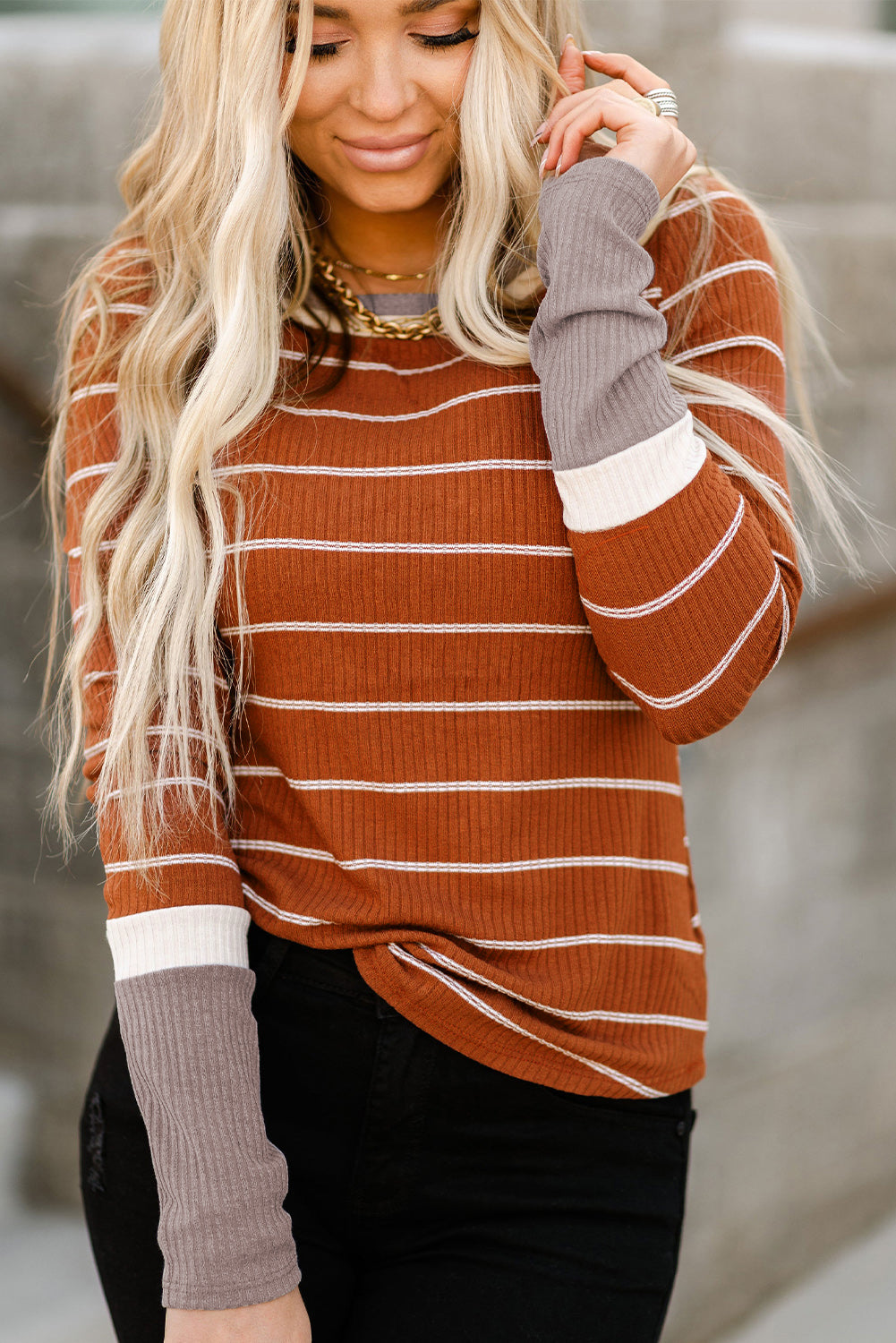 Dark Blue Striped Spliced Color Block Rib Knit Top