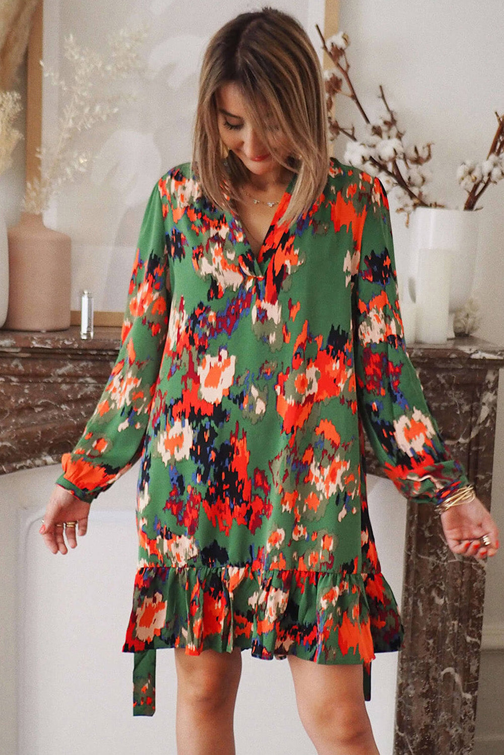 Abstract Print Waist Belted Flounce Hem Split V Neck Long Sleeve Dress