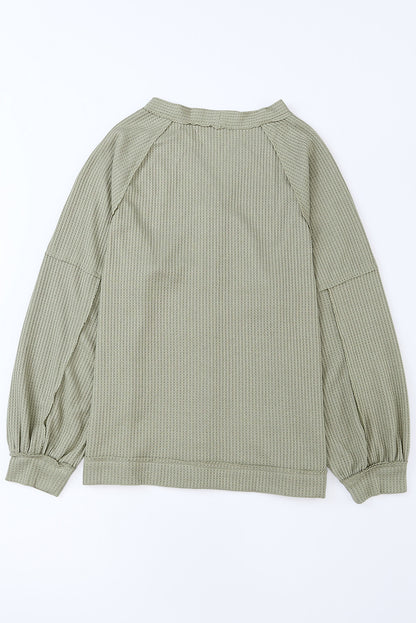 Green Exposed Seam Buttons Front Waffle Knit Cardigan