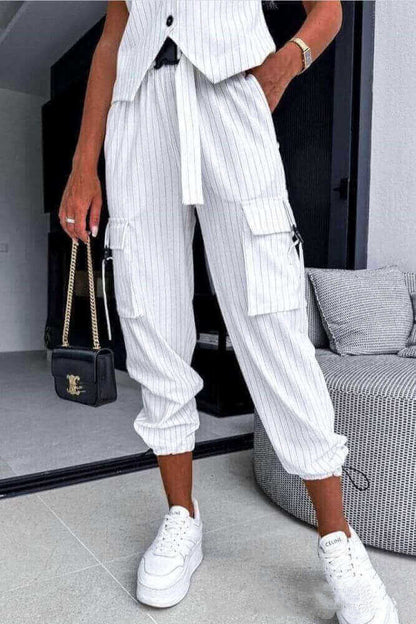 Women's Clothing Fashion White Striped Sleeveless Vest Suit Leisure Commute Cropped Pants